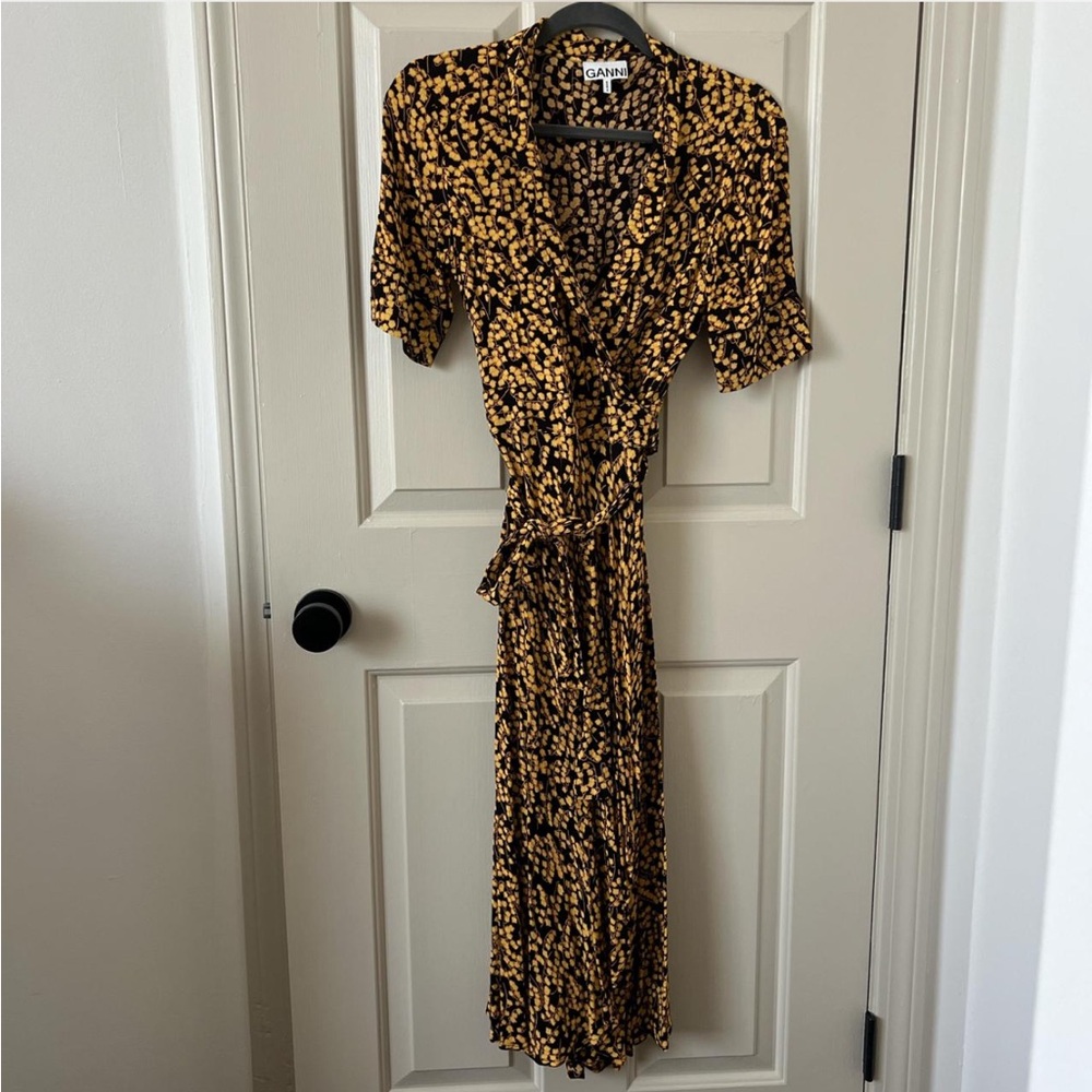 Ganni Black & Mustard Yellow Printed Wrap Maxi Dress